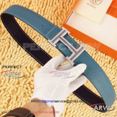 Perfect Replica Hermes AAA Blue Leather Belt Black Diamonds Stainless Steel Buckle